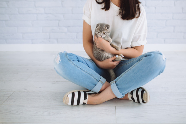 Girl playing with grey cat - Foto, Imagen