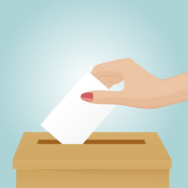 La mujer deja caer un papel de votación en la caja
 - Vector, Imagen