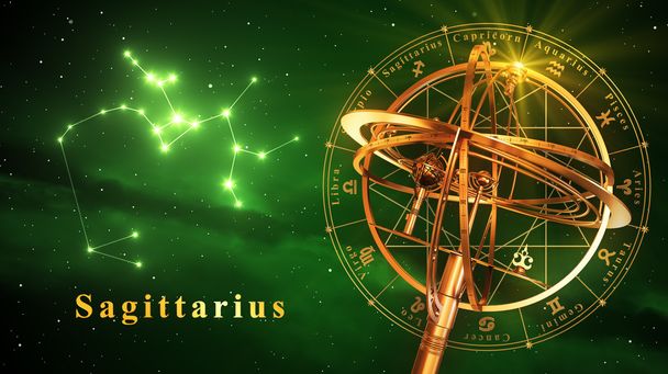 Armillary Sphere And Constellation Sagittarius Over Green Background - Photo, Image