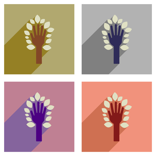 Hosszú árnyék lapos ikonok fogalmának levelek kéz - Vektor, kép