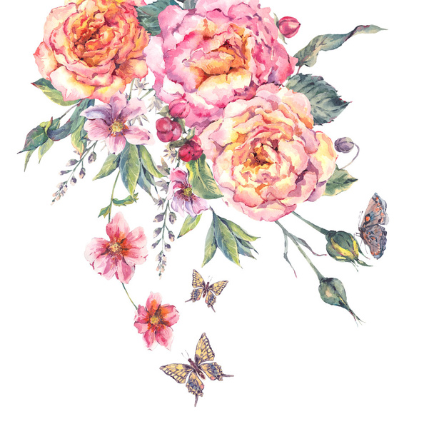 watercolor blooming roses and wildflowers - Foto, afbeelding