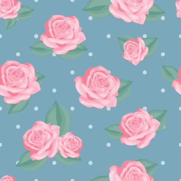 Pink roses with leaves on vintage blue polka dot background. - ベクター画像