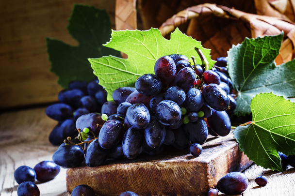 Ripe fresh blue grapes on vintage wooden background - Foto, immagini