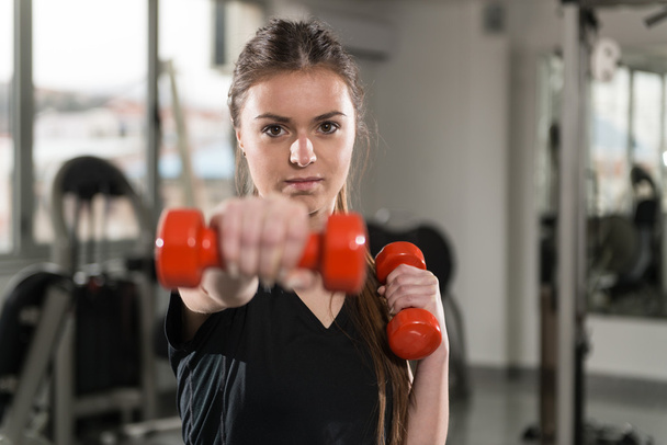 Portrait Of Pretty Woman Working Out With Dumbbells - Foto, Imagen