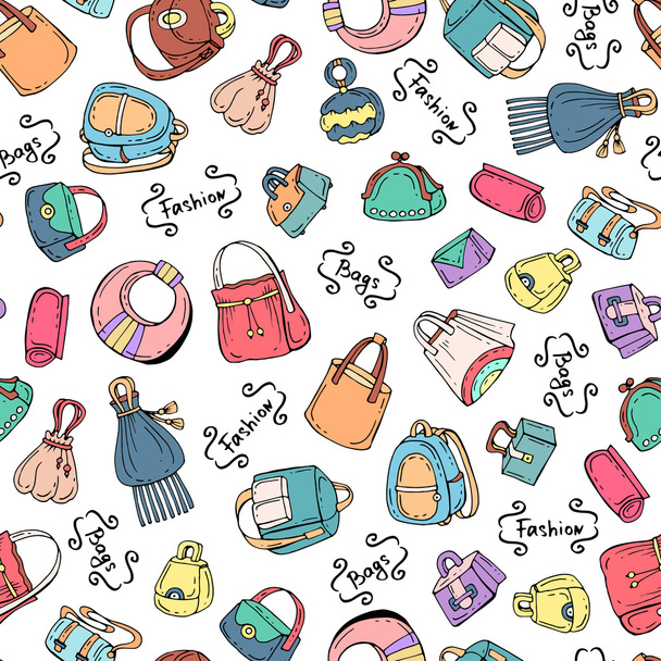 Vector seamless pattern with hand drawn colored handbags for women - Vector, afbeelding