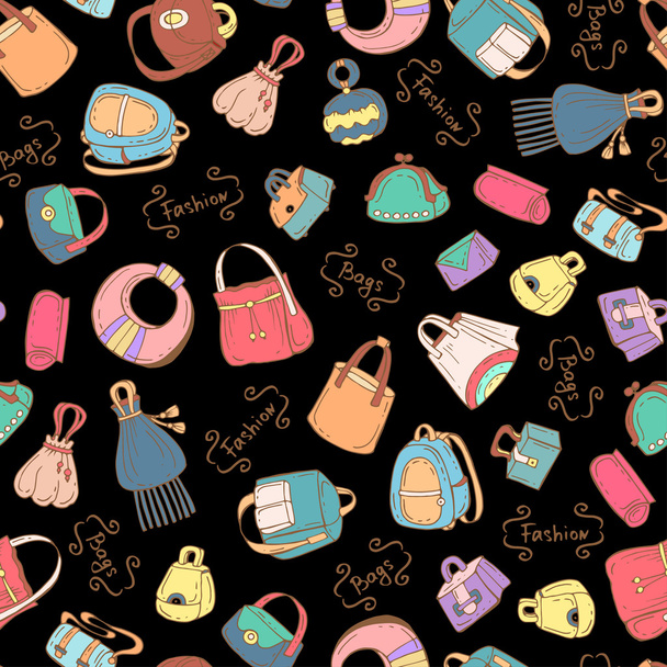 Vector seamless pattern with hand drawn colored handbags for women on black color - Vettoriali, immagini