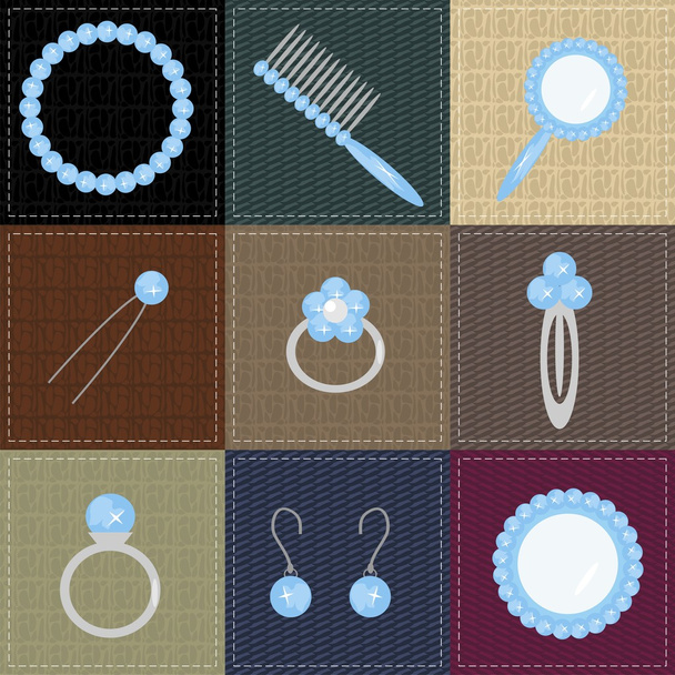 Set with lady objects on patchwork with different textures - ベクター画像