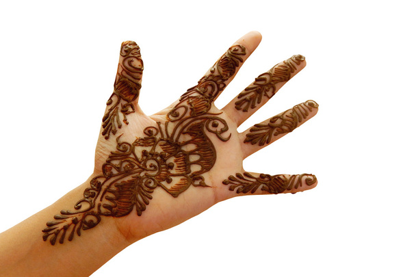 Zbliżenie Hinduski ręka z tymczasowym tatuażem lub mehendi z ziołami podczas uroczystości, festiwalu i uroczystości - Zdjęcie, obraz