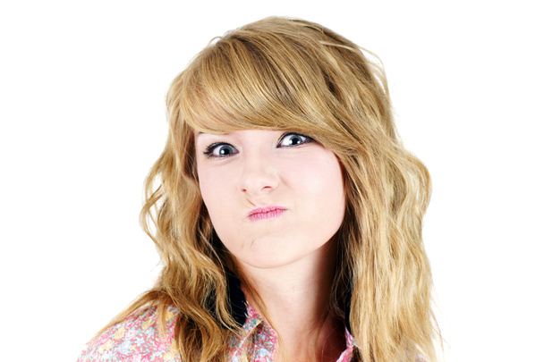 blond nastolatka Dokonywanie niezadowolony Zabawna buzia - Zdjęcie, obraz