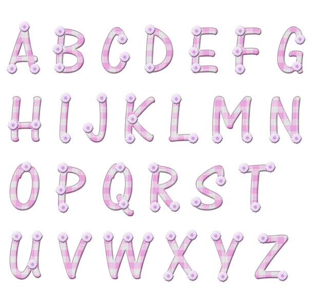 różowy bawełniany materiał w kratkę i kwiat liter alfabetu - Zdjęcie, obraz