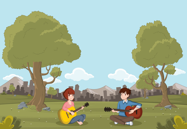 Karikatür gençler üzerinde güzel park gitar çalmak.  - Vektör, Görsel