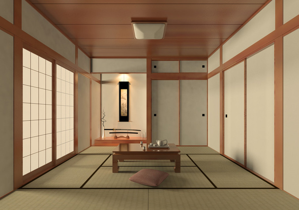 畳マット フローリング、日本の障子ドア、日本刀の伝統的かつ最小限の設計で日本のリビング ルームのインテリア - 写真・画像