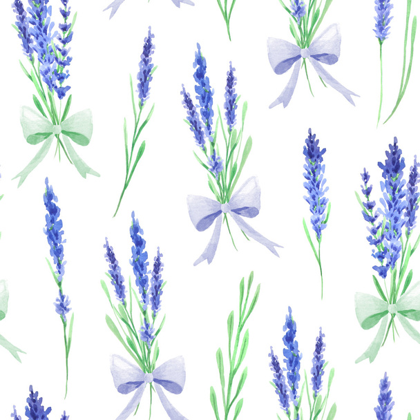 Seamless pattern with watercolor lavender flowers. Hand painted provence herbs background perfect for textile and scrapbooking - Foto, Imagem