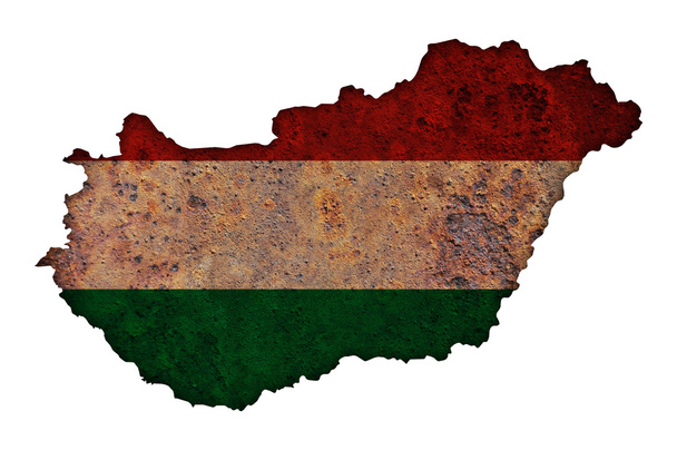 Karte und Fahne Ungarns auf rostigem Metall - Foto, Bild
