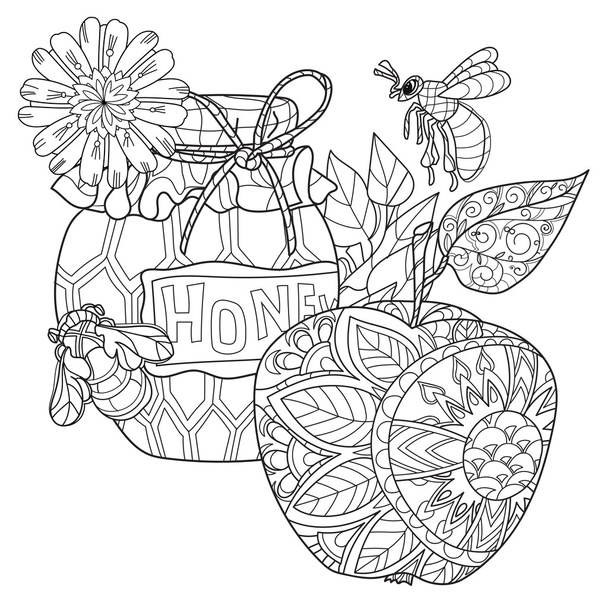 Honey pot, apple doodle and bees - Vector, Image