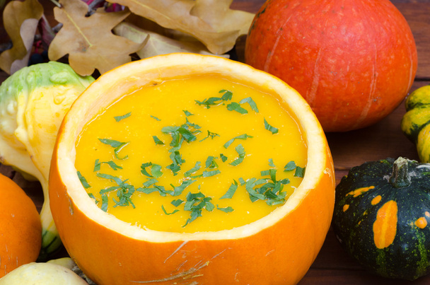 homemade pumpkin soup in pumpin  - Photo, Image