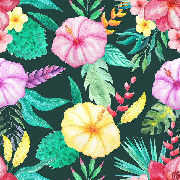 Seamless pattern with watercolor tropical flowers, leaves and plants with dark backdrop. Hand painted jungle paradise background perfect for textile and scrapbooking - Photo, Image