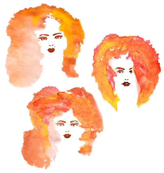 Três mulheres de moda desenhadas à mão com cabelo foxy estilizado aquarela
 - Foto, Imagem