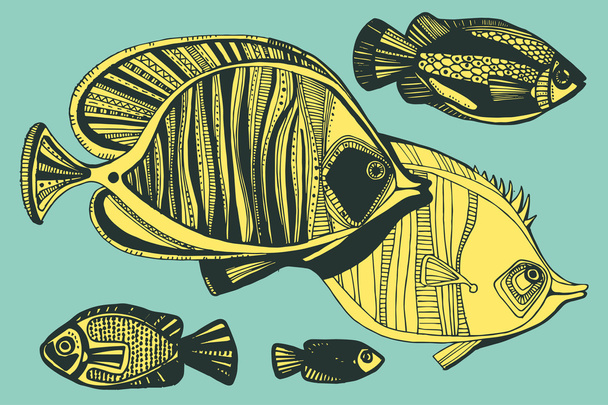 Vector illustration with fishes, ocean - Vecteur, image