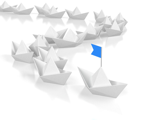 Concepto de liderazgo - Barco de papel líder con diseño azul
 - Foto, Imagen