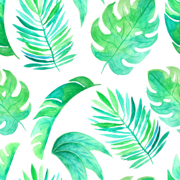 Seamless pattern with watercolor green tropical leaves and plants. Hand painted jungle greenery background perfect for fabric textile or wedding decor - Photo, image