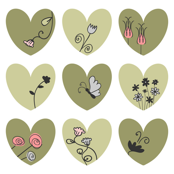 Set of hearts decorated with flowers - Vector, Imagen
