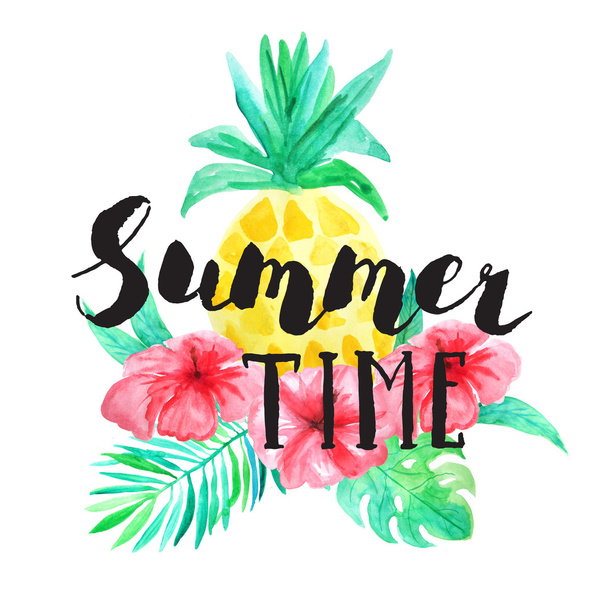 Summer time lettering. Set of Watercolor tropical composition with flowers, leaves and pineapple with handdrawn typography. Bright jungle bouquet perfect for summer party card making - Foto, Imagem