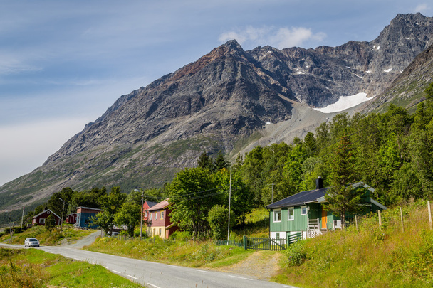 Paesaggio scandinavo con case in legno colorate e un ghiacciaio
 - Foto, immagini