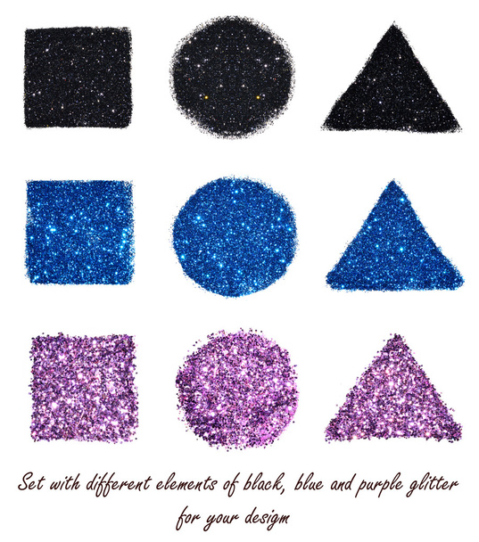 Set with different elements of black, blue and purple glitter on white background for your design - Photo, Image