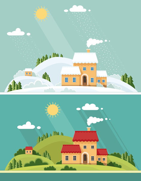 summer and winter landscape. beautiful house on the hill among t - Vector, Image