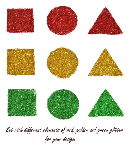 Conjunto com diferentes elementos de brilho vermelho, dourado e verde no fundo branco para o seu design
 - Foto, Imagem