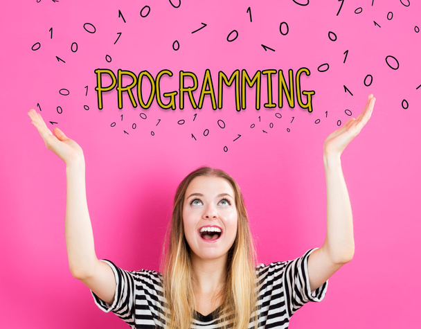 Programming concept with young woman - Foto, Imagem