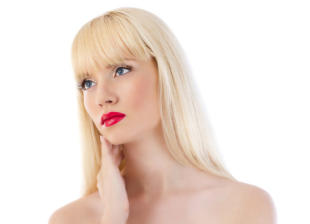 Beautiful blonde woman with red lips - 写真・画像