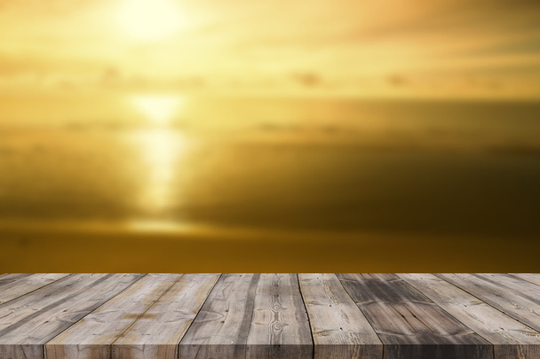 Wood table top on blur summer blue sea and sky background - can  - Fotoğraf, Görsel