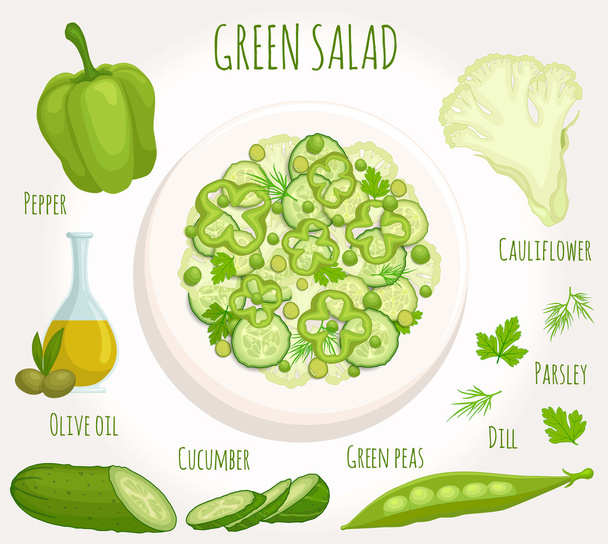 Recipe salad of green vegetables. Vector. - Vektör, Görsel