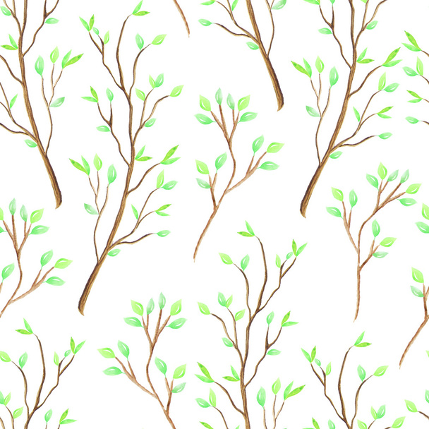 Seamless pattern with hand painted watercolor delicate branches with green leaves. Spring romantic background perfect for wedding decor or fabric textile - Photo, Image