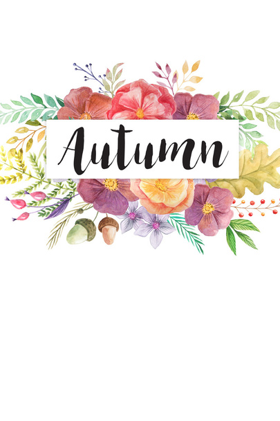 Autumn. Card template with hand painted watercolor forest flowers, leaves and herb in rustic style. Autumn boho chic background perfect for wedding invitation making - Photo, Image