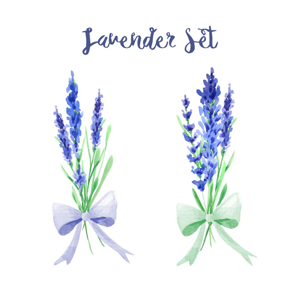 Hand painted watercolor lavender floral bouquets.  Provence decor compositions perfect for wedding invitation and cards. - Photo, Image