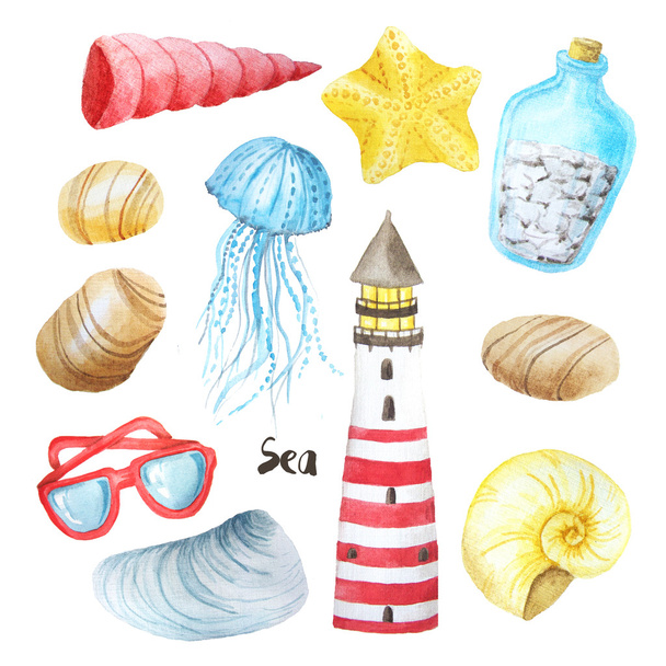 Watercolor sea nautical set of seashells, star, glasses, lighthouse and jellyfish. Underwater marine collection of elements  isolated on white background - Foto, Bild