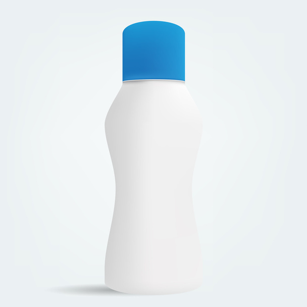 Pequeña botella de producto cosmético / belleza gris blanca con tapa azul
 - Vector, imagen