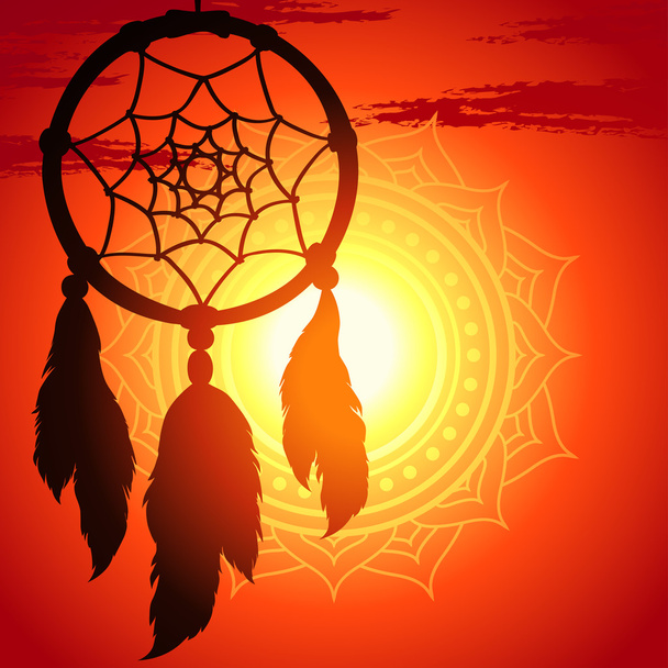 Dream catcher, silhouette of a feather on a background sunset - Vector, Image