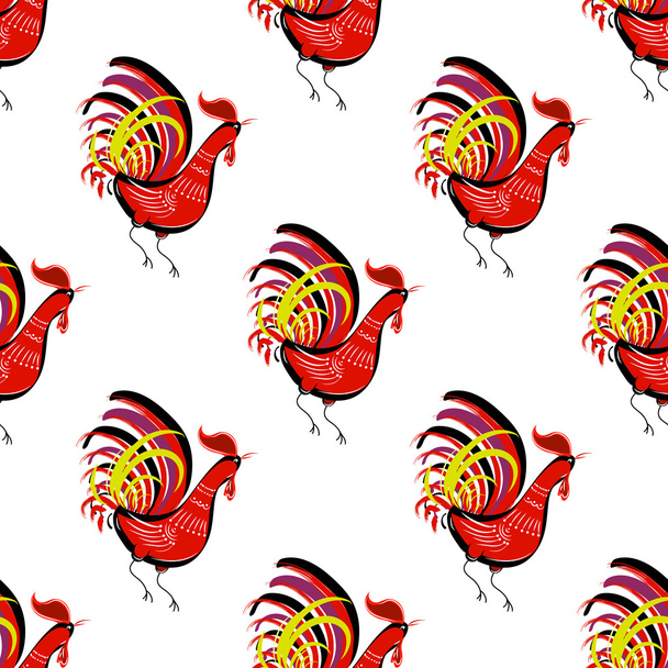 Seamless pattern with color fire cock looking at right. Chinese - Vektor, Bild