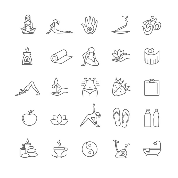 Icônes de yoga ligne mince ensemble. vie de santé
 - Vecteur, image