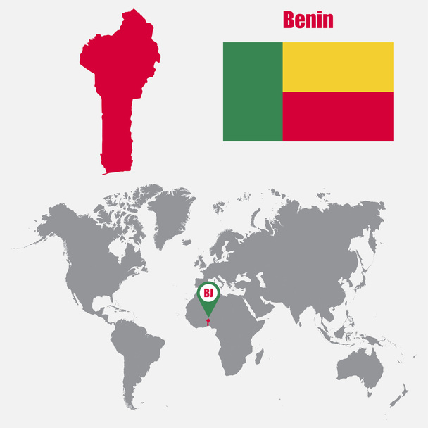Benin op een wereldkaart met vlag in kaart en kaart van de aanwijzer. Vectorillustratie - Vector, afbeelding