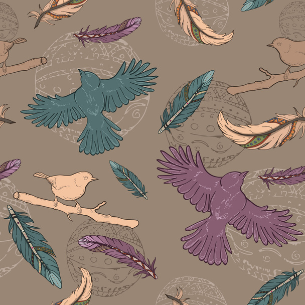 Seamless pattern with feathers, birds and ornaments - Διάνυσμα, εικόνα
