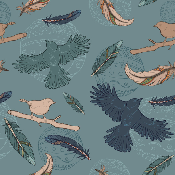Seamless pattern with feathers, birds and ornaments - Vector, Image