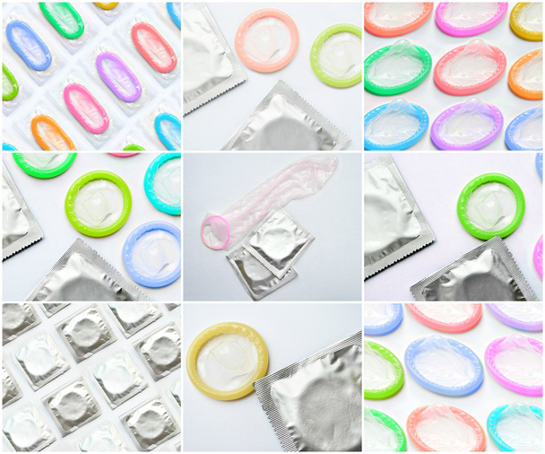 Collage of lots of colorful condoms isolated on white - Photo, Image