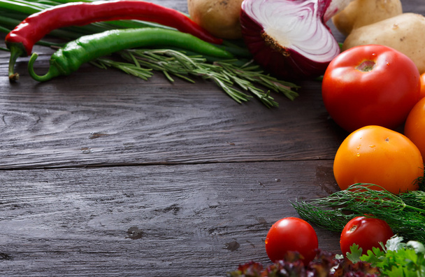 Frame of fresh vegetables on wooden background with copy space - Photo, Image