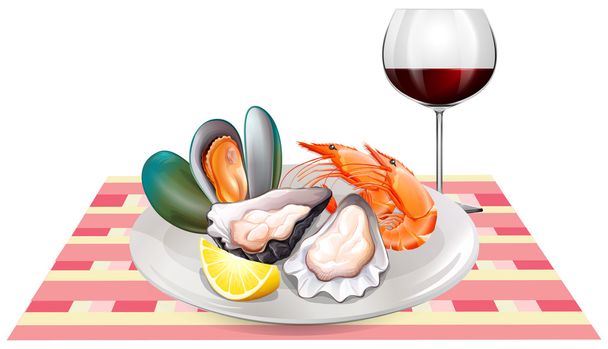 Seafood and red wine on table - Vector, Image