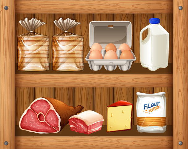 Διάφορα είδη τροφίμων σε ξύλινο ράφι - Διάνυσμα, εικόνα